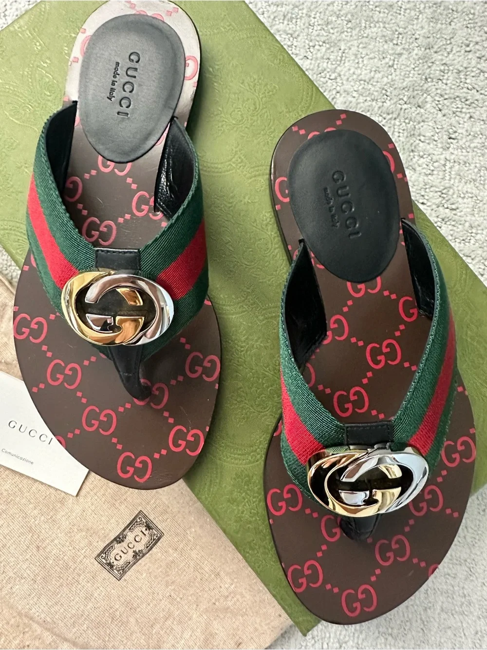 Gucci Green & Red Web Leather GG Logo Thong Sandals